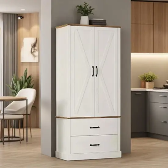 Freestanding Tall Kitchen Pantry Cabinet with Doors, Shelves & Microwave Stand, Versatile Hutch Cabinet for Kitchen Living Room Storage image {2}