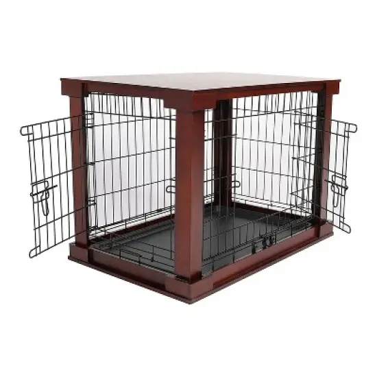 Merry Products 2 Door Decorative Pet Kennel with Wooden Protection Cover, Divider Insert, and Removable Tray End or Side Table, Large, Brown image {1}