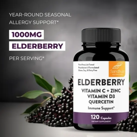 Sandhu's Elderberry Vitamin C and Zinc with Quercetin & Vitamin D3 for Immune Support (120 Capsules) image {5}
