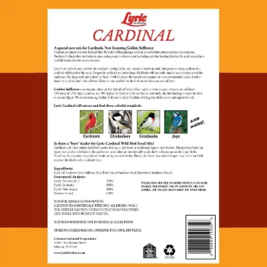Lyric Cardinal Wild Bird Seed for Outside Feeders &ndash; Premium Sunflower & Safflower Bird Seed Mix for Cardinals Grosbeaks Blue Jay 3.75 lb image {1}