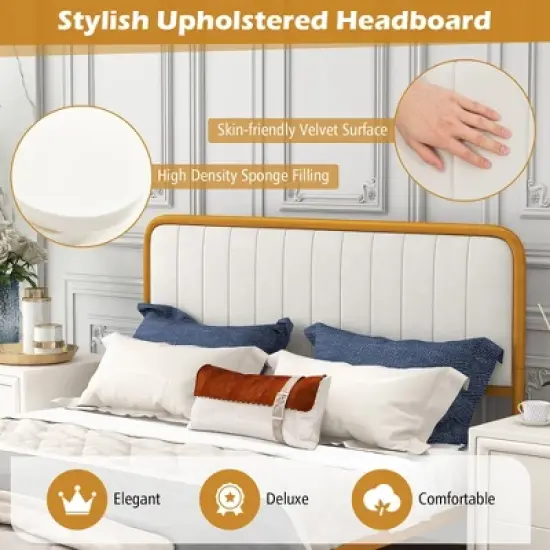 Costway Full Gold Metal Bed Frame Upholstered Platform Bed with Velvet Headboard image {6}