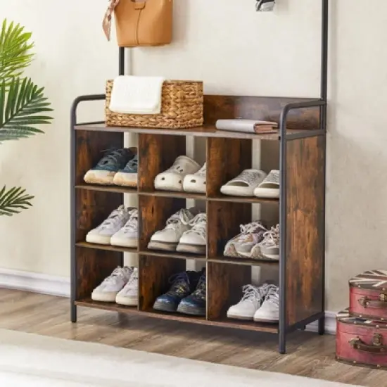 3 in 1 Entryway Coat Rack and Storage Organizer with Shoe Rack 7 Hooks and Hanging Rod Perfect for Hallway or Entryway image {1}