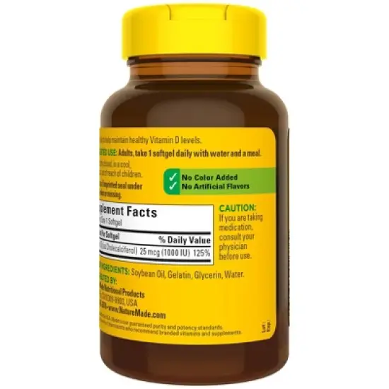 Nature Made Vitamin D3 1000 IU (25 mcg), Bone Health and Immune Support Softgel image {9}