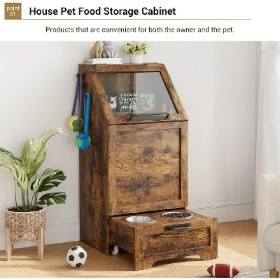 Flip Top Dog Food Storage Container, Wood Pet Storage Cabinet with 2 Pull-Out Elevated Dog Bowls image {3}