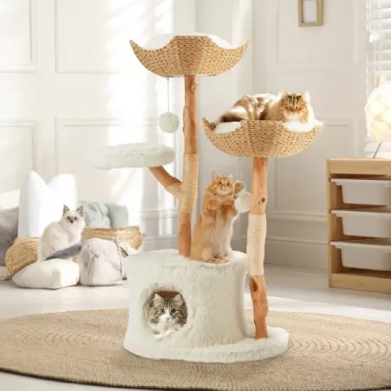 EROMMY Natural Wood Cat Tower, Cute Cat Tree for Indoor Cats, White image {5}