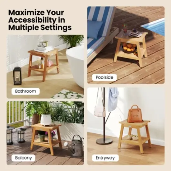 Tangkula 20" Teak Wood Shower Bench w/ Storage Shelf Adjustable & Anti-slip Foot Pads Bathroom Spa Bathing Stool image {7}