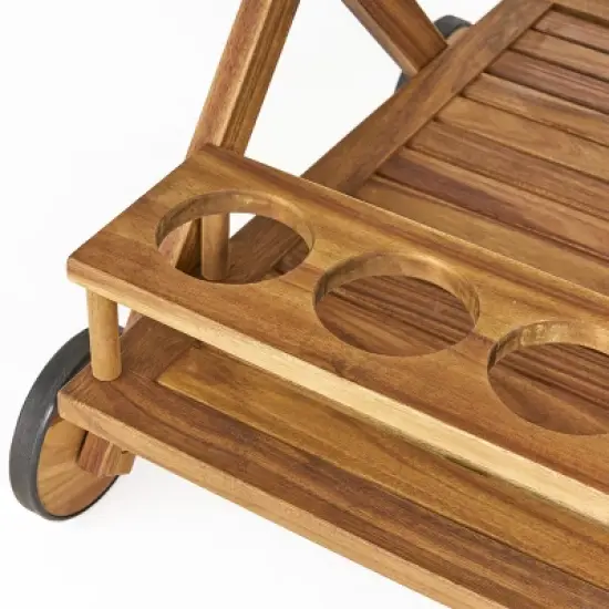 GDFStudio Kenilworth Outdoor Rustic Acacia Wood Bar Cart with Removable Tray and Wheels, Natural Brown image {7}
