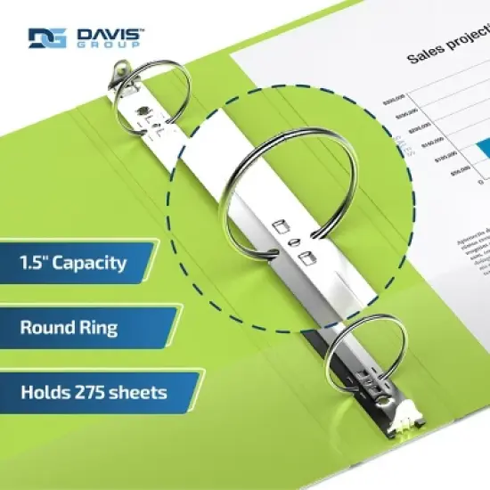 Davis Group 6pk 1.5" Premium Economy Round Ring Binders Lime Green: Hard Cover, 275 Sheet Capacity, 2 Pockets, Polypropylene image {2}