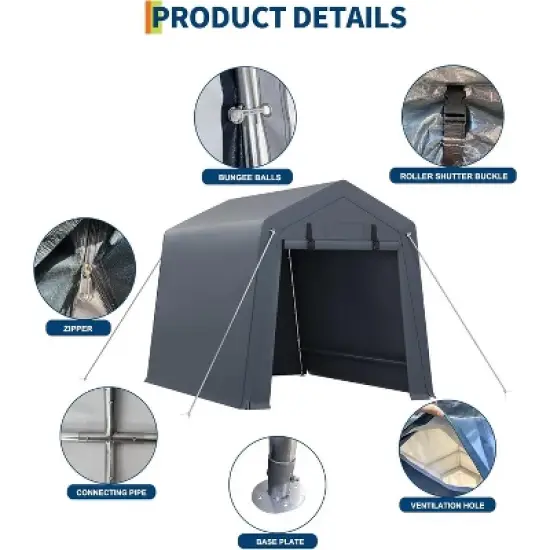Acekool 6x6 FT Portable Outdoor Storage Shed, Dual Roll-Up Zipper Doors, Heavy-Duty Waterproof PE Tarp, UV-Resistant Shelter for Tools, Gray image {1}