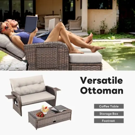 Patio Rattan Daybed Set with Cushioned Loveseat and Ottoman, Outdoor Double Chaise Lounger with 4-Level Adjustable Backrest and Retractable Side Trays image {3}