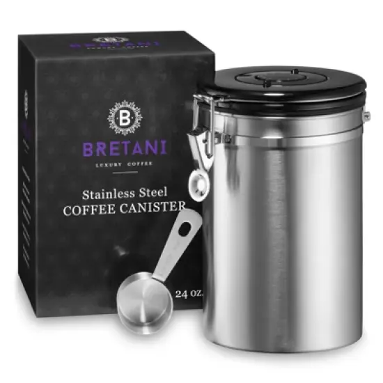 Bretani 24 oz Coffee Canister & Scoop Set - Stainless Steel Airtight Kitchen Storage Container for Coffee Beans and Grounds image {7}