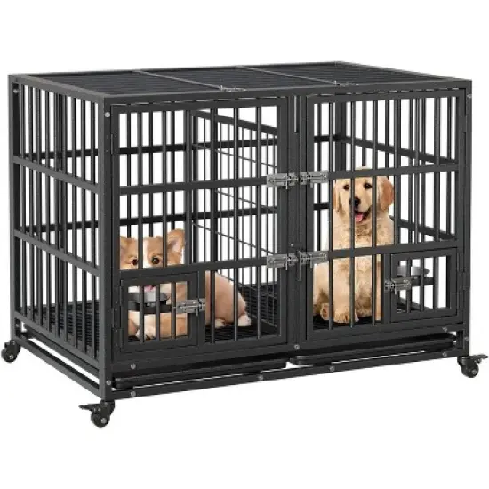 Heavy Duty Dog Crate - Steel Escape-Proof Kennel with Divider & Wheels, Double Door Pet Cage for Large/Medium Dogs image {8}