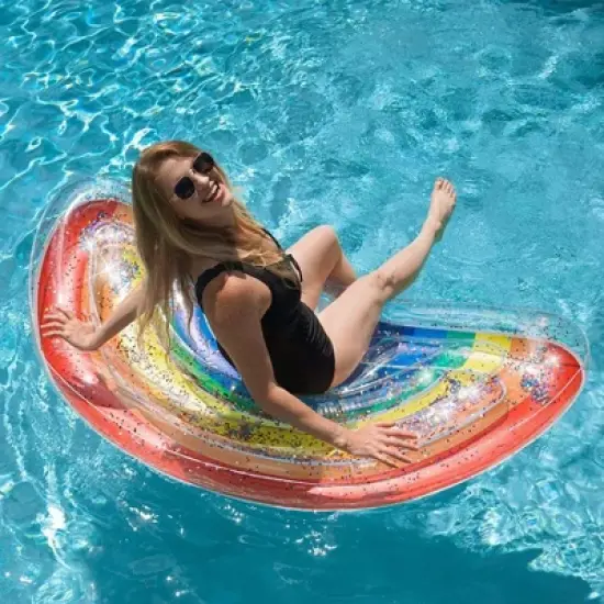 PoolCandy Inflatable Rainbow Half Island Glitter Pool Float  Ultra Durable Sun Tan Fun Great For Pools, Lakes, And More image {4}