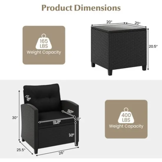 Tangkula 3 Piece Patio Furniture Set, Rattan Conversation Set w/Soft Seat & Back Cushions, Tempered Glass Topped Coffee Table Black image {8}