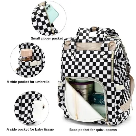 Itopfox Checkered Waterproof Diaper Backpack for Baby Girls and Moms, Large Nappy Bag with Insulated Bottle Pockets image {2}