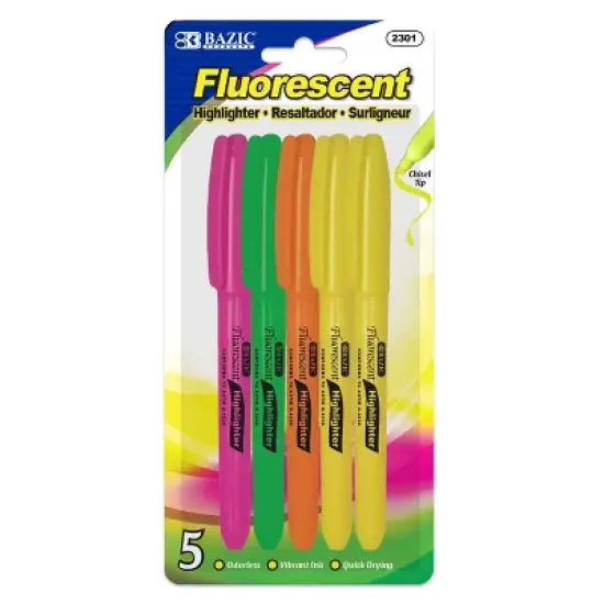 BAZIC Products&reg; Pen Style Fluorescent Highlighters with Pocket Clip, 5 Per Pack, 12 Packs image {1}