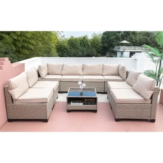 9-Piece Modular Wicker Patio Sofa Set with Coffee Table and Cushions, Outdoor Conversation Furniture for Backyard or Garden - The Pop Home image {6}