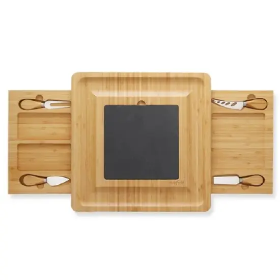 Casafield Bamboo Cheese Cutting Board with Removable Slate Cheese Plate, Stainless Steel Knives, and Slide-Out Snack Trays image {3}