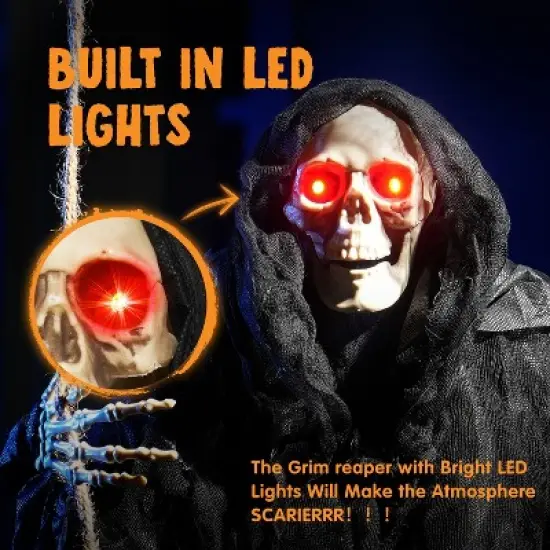 Joyfy 2 Packs 3ft Halloween Hanging Ghosts Outdoor Decor, Scary Grim Reaper Swinging Flying Skeleton with Lighted Up Eyes for Yard Patio Lawn Garden image {8}