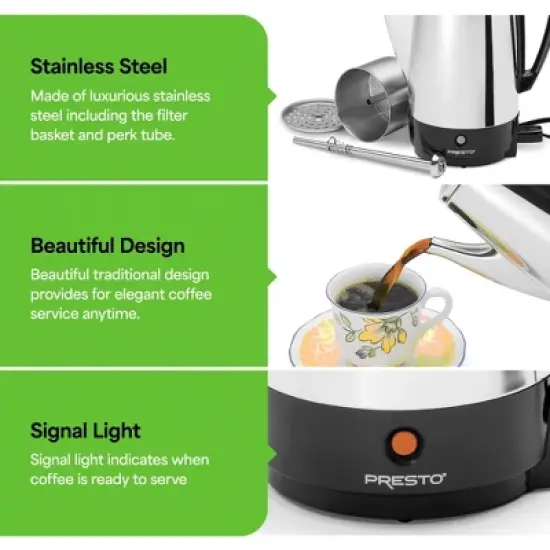 Presto Stainless Steel Coffee Maker, 12 Cup Robust Percolator Coffee Machine for Kitchens with Filter Basket and Signal Light, Silver image {4}