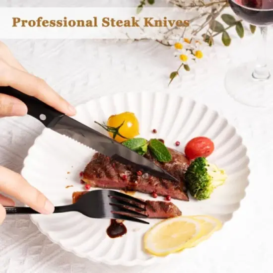 Itopfox 24-Piece Black Silverware Set with Steak Knives, Food-Grade Stainless Steel Flatware Set for 4, Mirror Polished Cutlery Set with Spoons image {4}