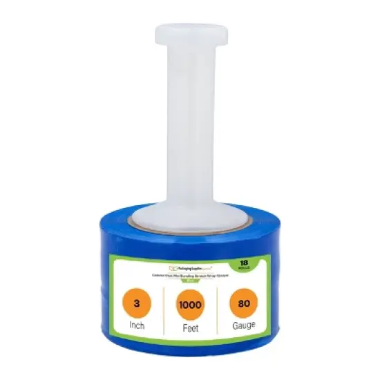 PSBM 18 Rolls 3" x 1000 Ft. x 80 Gauge Blue Cast Stretch Wrap with Plastic Handle image {1}