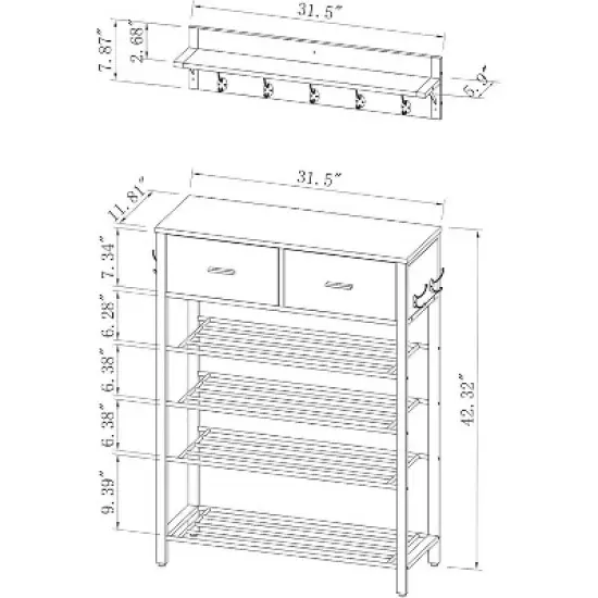 Space-Saving Shoe Rack Organizer, 4-Tier Shelves + 2 Drawers, 31.5" Wide Entryway Storage Unit with Hooks, Modern Design image {7}
