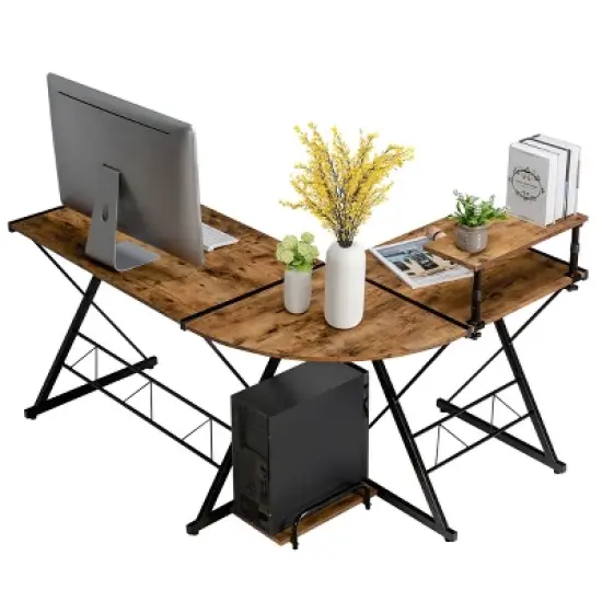 Tangkula L-Shaped Corner Desk Computer Gaming Table with Monitor Stand &Host Tray Black/Antique/Walnut image {4}