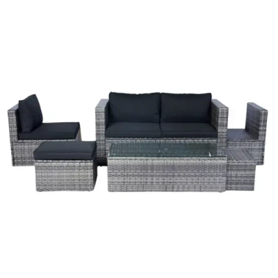 Rbied 6-Piece Wicker Outdoor Sofa Sectional Set Conversation Set with Black Cushions, Smart Storage Design image {10}