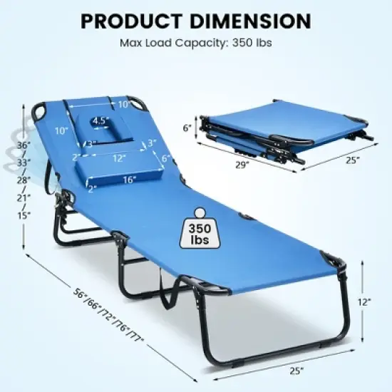 Costway 5-Position Adjustable Backrest  Beach Chaise Lounge Chair with Face Hole Pillows image {2}