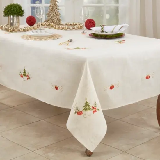 Saro Lifestyle Embroidered Christmas Tree Design Holiday Linen Blend Tablecloth image {1}