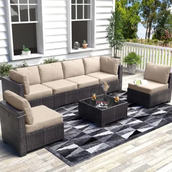7-Piece Outdoor Patio Furniture Set, PE Rattan Wicker Sectional Modular Conversation Sofa Set with Thick Cushions & Glass Top Coffee Table image {9}