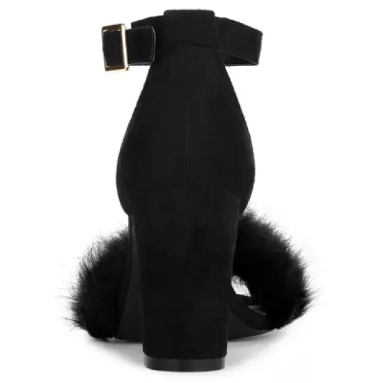 Allegra K Women's Faux Fur Ankle Strap Block Heels Sandals image {3}
