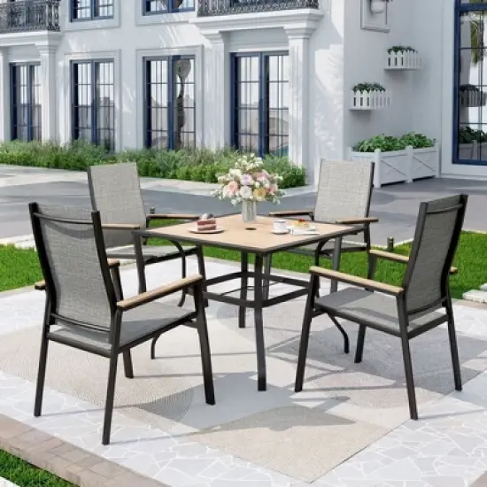 Captiva Designs 5pc Patio Dining Set Steel Frame Table with Umbrella Hole & Gray Textilene Chairs with Wood-like Armrests image {16}