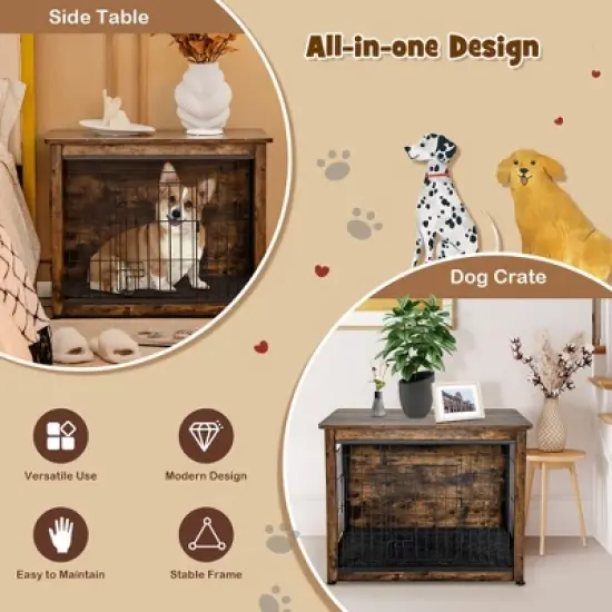 Tangkula Wooden Dog Crate Furniture with Pad Bed Double Doors Dog Kennel End Table image {5}
