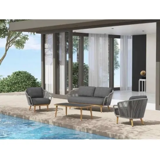 Woven Accent Outdoor Sofa Set 3Seater + Textured Wood Frame Lounge Chairs & Rectangular Table image {2}