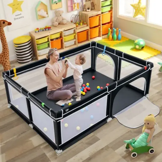 Infans Baby Playpen Extra-Large Safety Baby Fence w/ Ocean Balls & Rings Black image {2}