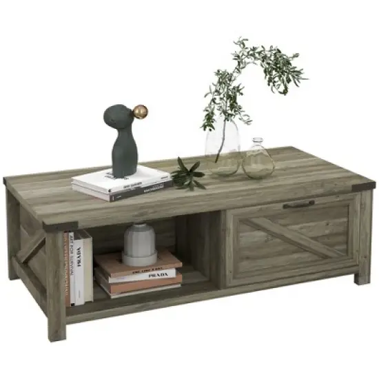 HOMCOM Farmhouse Coffee Table with Storage Drawer and Open Shelf, Rustic Coffee Table for Living Room image {7}