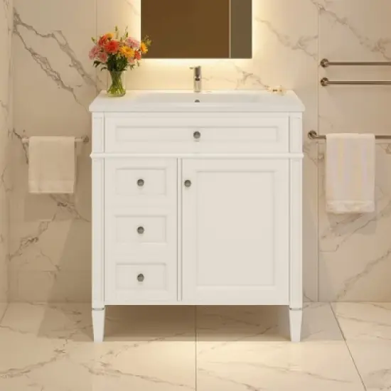 SpassWay 30"L White Modern Bathroom Vanity with Sink 2 Drawers Tip Out Storage Cabinet image {13}