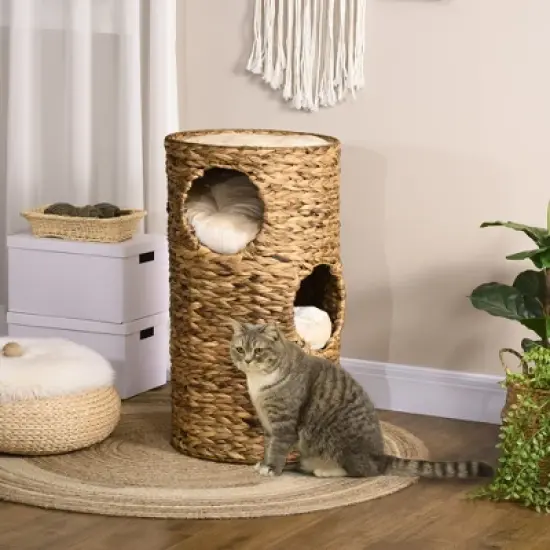 PawHut Elevated Cat Bed with Three Hideaways & Four Soft Plush Cushions, Cat Tower with Hand-Woven Materials, Multi-Layer Raised Kitten Bed Caves image {1}