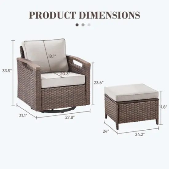 Belord 4 Piece Patio Furniture Set, Dark Brown Hand-Brushed Arms Swivel Glider Patio Chairs Set of 2 with Ottomans image {9}