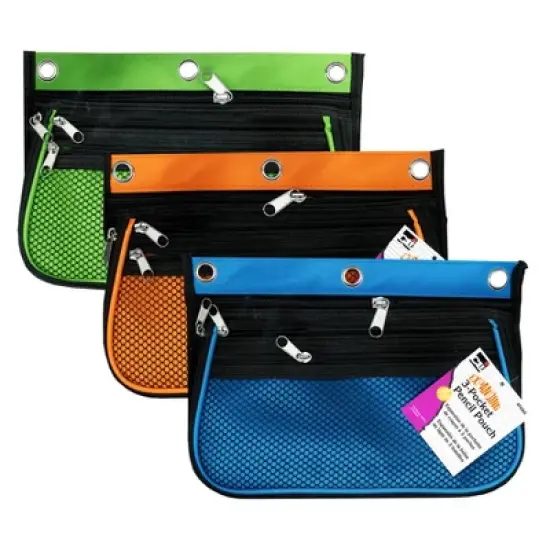 Charles Leonard 3 Pocket Pencil Pouch, Expanding to 2.25", 10.25"W x 7.25"H x 2.5"D - Assorted Colors, Pack of 3 image {3}