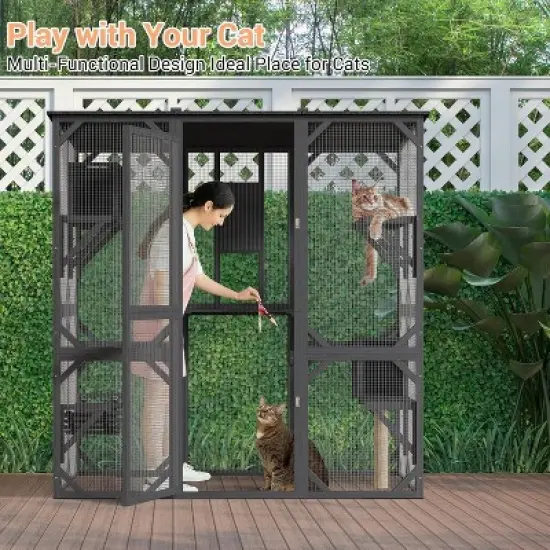 68'' Wooden Catio - 4-Tier Outdoor Cat Enclosure w/ 2 Doors, Scratching Post & UV Protection for Multiple Cats image {4}