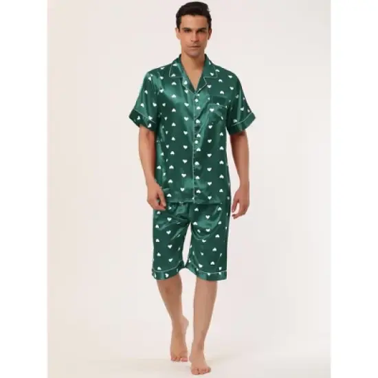 Lars Amadeus Men's Satin Pajama Set Cute Heart Print Button Down Short Sleepwear Loungewear Pjs Sets image {1}