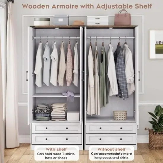 Brafabhome Farmhouse 4 Doors Armoire Wardrobe Closet, 71" Tall Freestanding Wardrobe Clothes Cabinet with Drawers and Hanging Rod for Bedroom image {4}