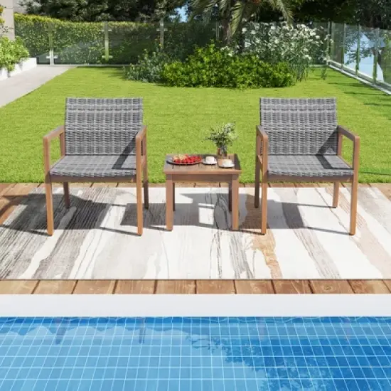Tangkula 3 Pieces Patio Furniture Set PE Rattan Patio Bistro Set with Chairs & Coffee Table Outdoor Acacia Wood Conversation Set for Garden image {2}