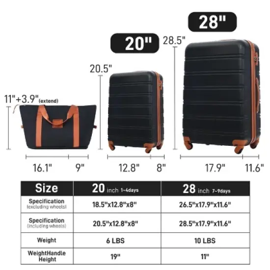Lightweight ABS Luggage Set with TSA Lock 360&deg; Spinner Wheels and Travel Bag for Vacation 20" 28" - Cuddlewood image {3}