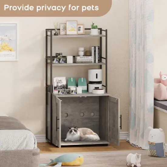 Cat Litter Box Enclosure with Storage Shelves and Double Doors, Hidden Cat Cabinet, Grey/Brown image {1}