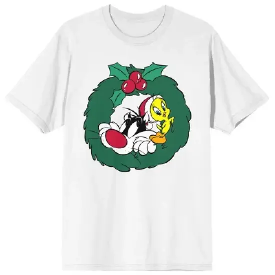 Looney Tunes Sylvetster And Tweety Christmas Wreath Crew Neck Short Sleeve Women's White T-shirt image {8}