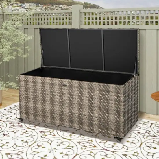 WELLFOR 96gal Outdoor PE Wicker Storage Box with 4 Wheels for Gardening Tools Gray image {2}